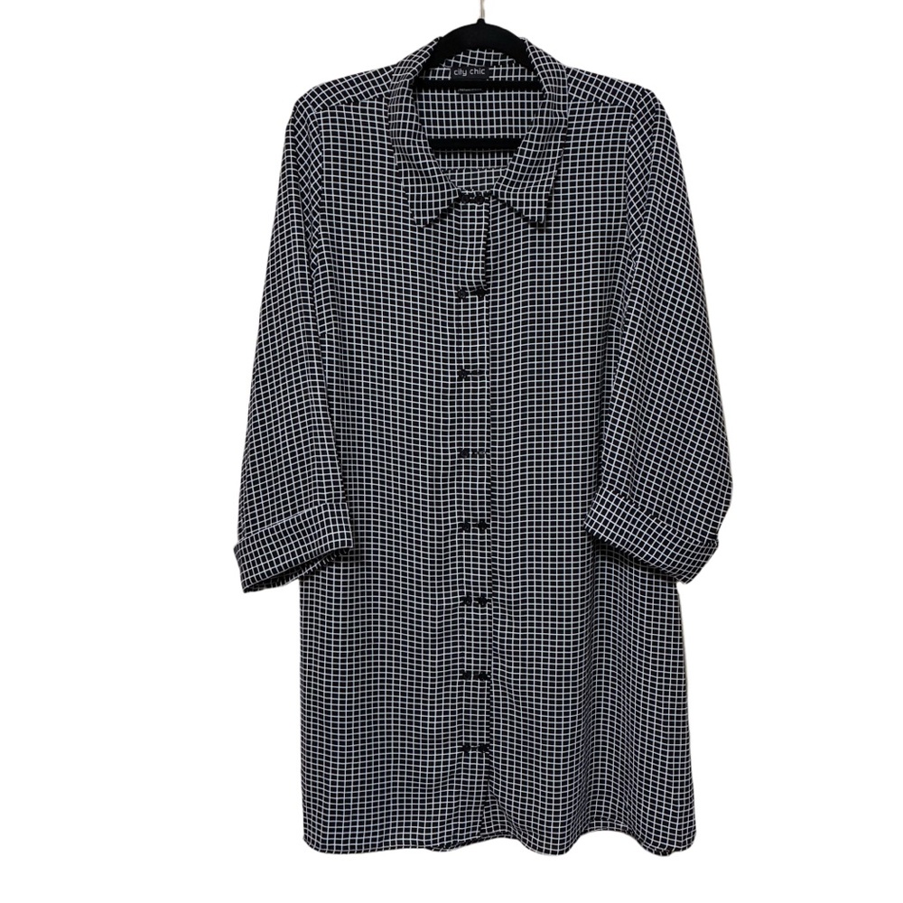 City Chic Button Front Collared Tunic Women’s M Black White Plaid 3/4-Sleeve